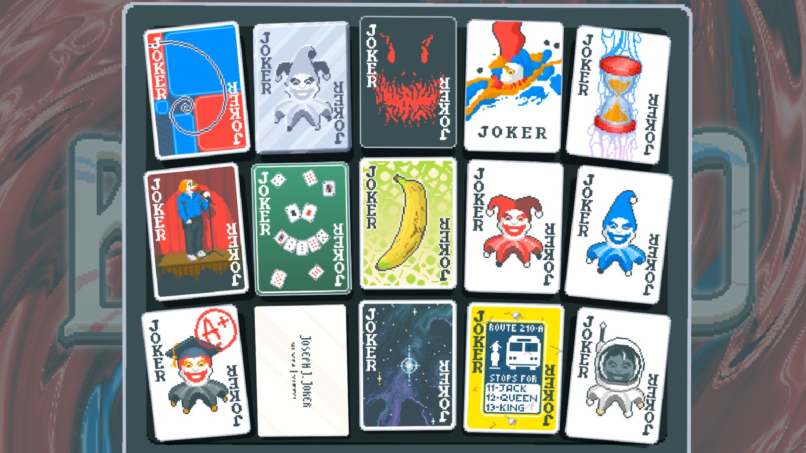The collection screen showing fifteen Joker cards in a grid, each with its own pixel-art illustration