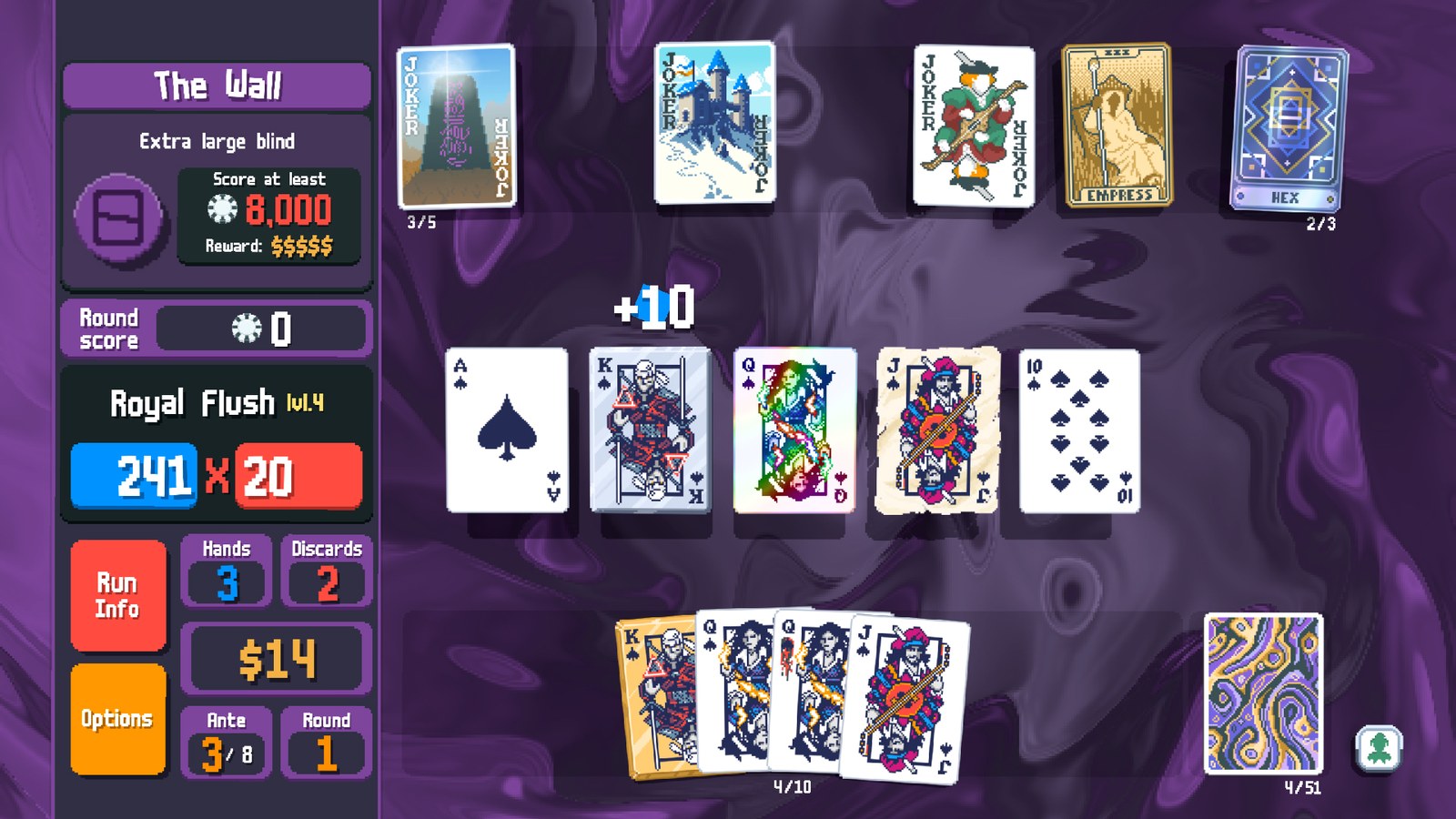A Balatro round in progress: five Joker and Tarot cards along the top, a played Royal Flush of spades scoring 241 chips times 20, and a blind named The Wall asking for at least 8,000