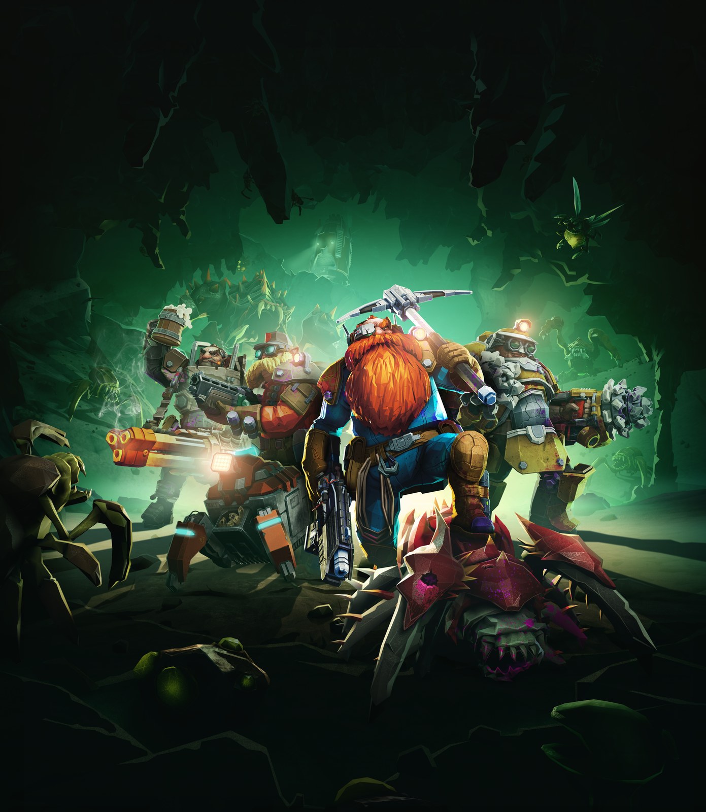 Deep Rock Galactic key art: four armoured dwarves in a green-lit cave, a red-bearded miner in the centre crouched with a pickaxe raised behind his head and one foot on a dead spiked red creature, flanked by a heavy gunner with a minigun, a dwarf raising a beer mug with a rifle, and a driller with a drill arm, while insect-like aliens close in from the dark