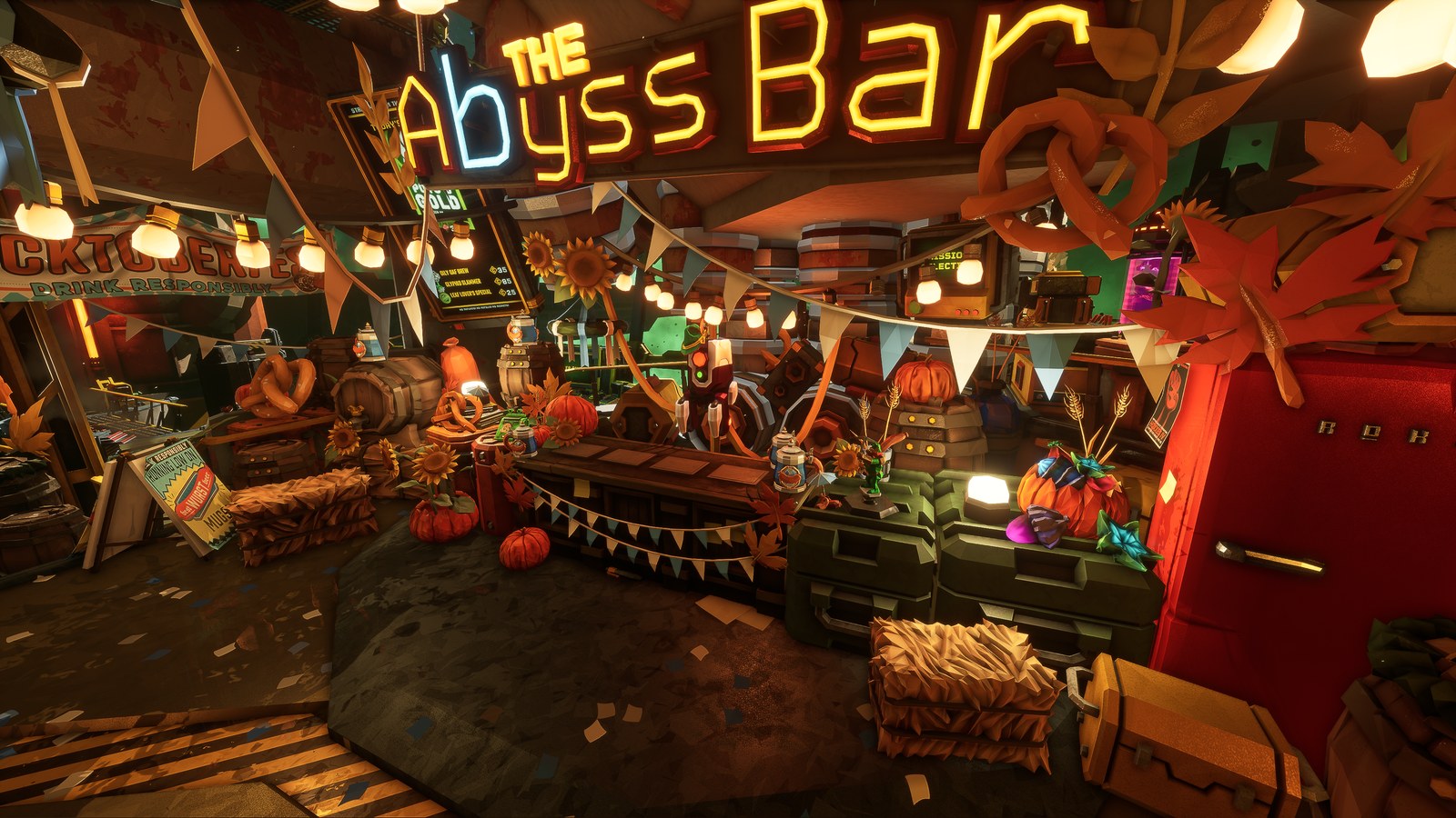 The Abyss Bar on Deep Rock Galactic's space rig decorated for Rocktoberfest: a neon Abyss Bar sign over a wooden counter hung with bunting, pretzels, pumpkins, sunflowers and autumn leaves, hay bales and barrels on the floor, and a Rocktoberfest banner to the left