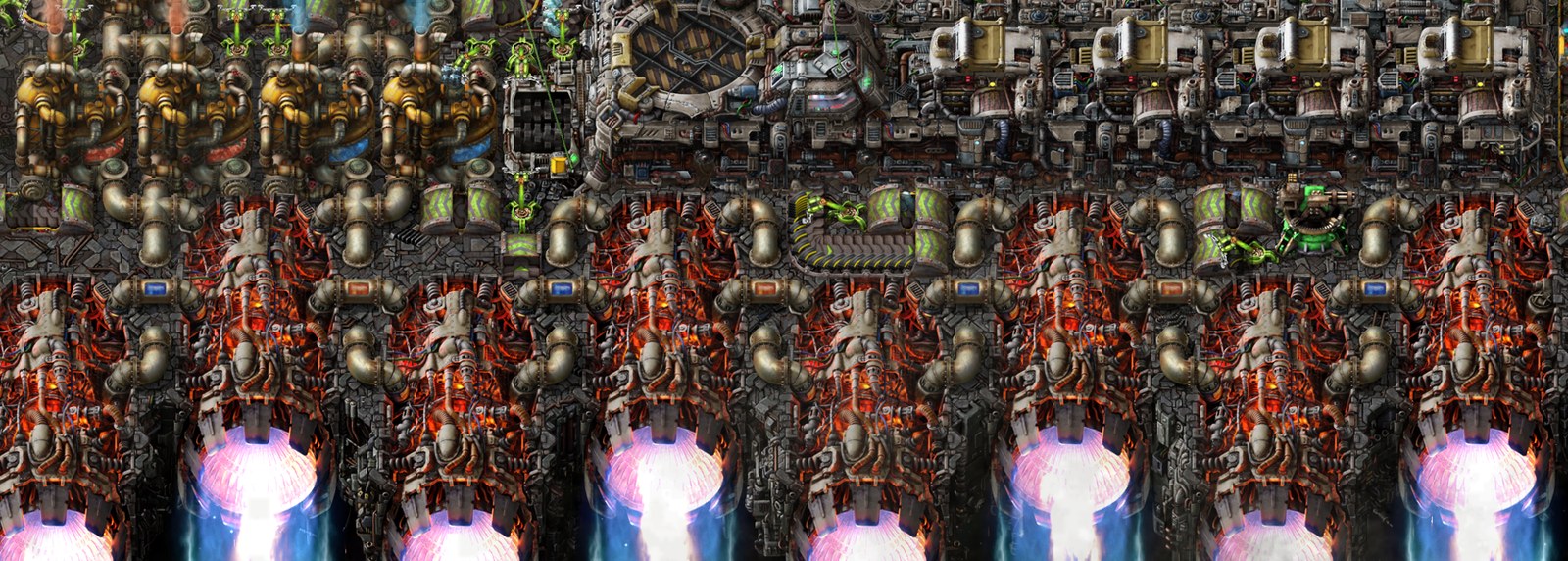 The rear of a Factorio space platform: a row of thrusters firing pink and blue exhaust at the bottom, with orange chemical plants, pipes, tanks and mechanical arms packed in rows above them on grey platform flooring