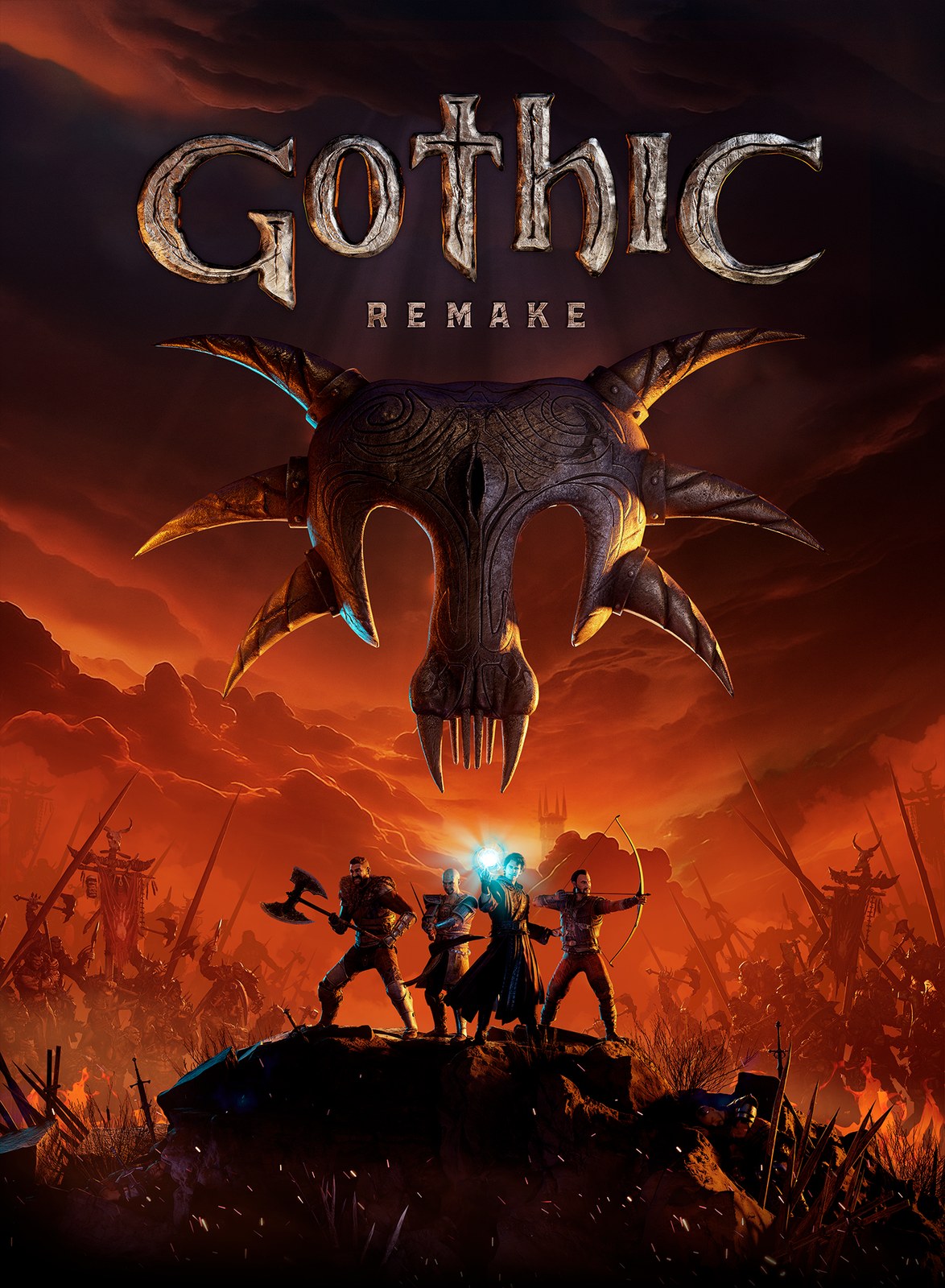Gothic Remake key art: a large horned metal mask floats in a red, smoky sky above the Gothic Remake logo's lower half, while four figures stand on a rock below it, one with a double-headed axe, one with a curved blade, one holding up a glowing blue light and one drawing a bow, in front of an army with spears and banners