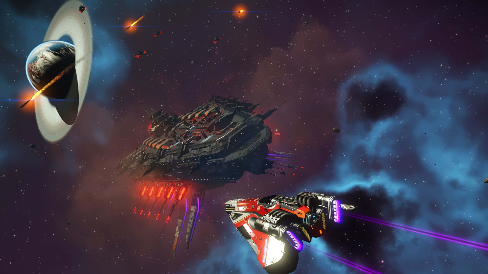 A red and white No Man's Sky starship firing purple engines past a dark, spiked capital ship with red lights, in a nebula with a ringed planet and small ships in combat behind