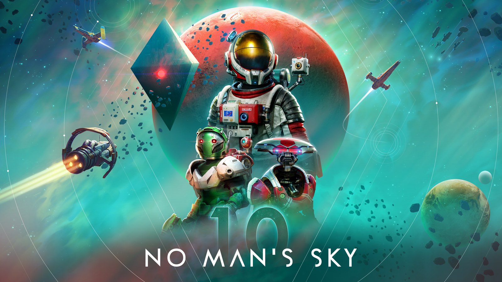 No Man's Sky key art: an astronaut in a white and red suit in front of a red planet, flanked by a green-helmeted figure and a small robot, with starships, asteroids and a dark diamond shape around them and a large 10 behind the title lettering