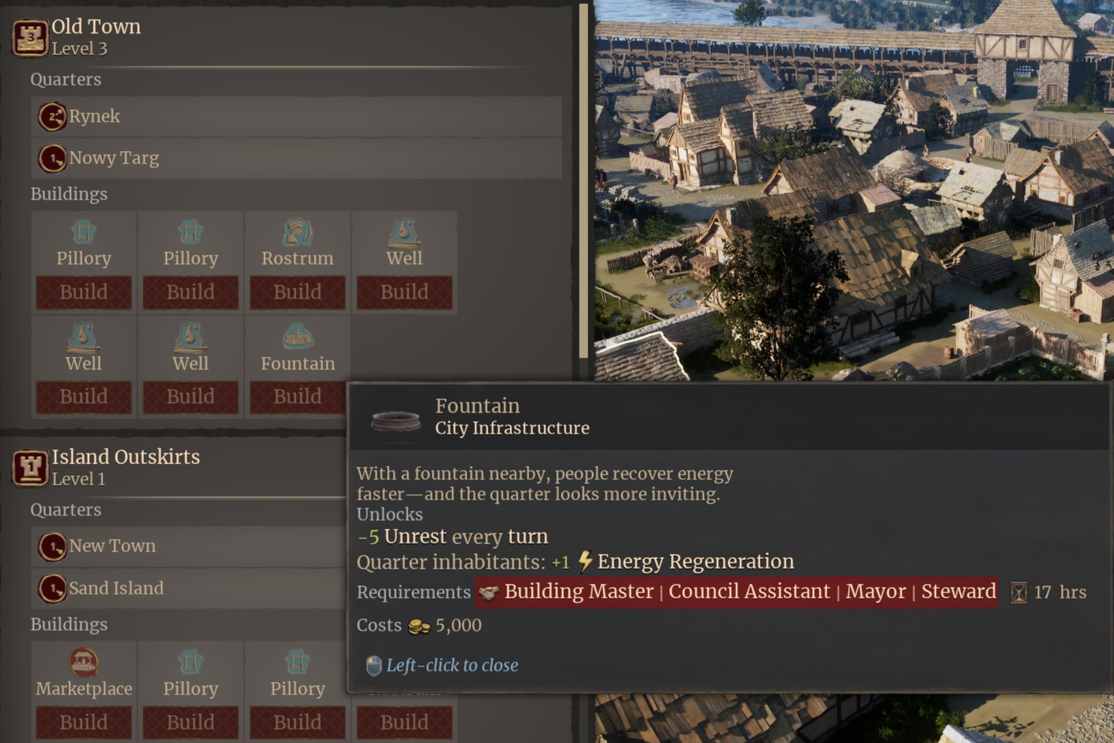 A city management screen in The Guild Remake Europa 1410: panels headed Old Town Level 3 and Island Outskirts Level 1 list quarters such as Rynek and Nowy Targ with rows of Build buttons for pillories, wells, a rostrum and a fountain, and a tooltip for the Fountain shows minus 5 Unrest every turn, plus 1 energy regeneration, an office requirement and a cost of 5,000