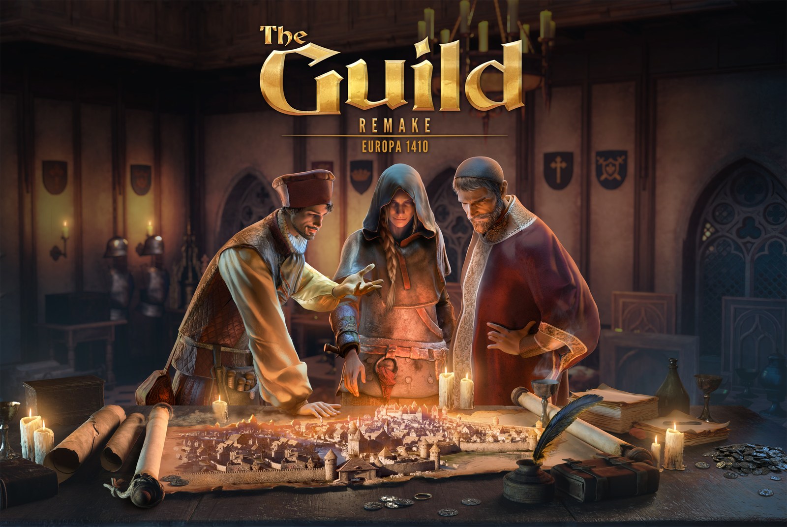 Key art for The Guild Remake Europa 1410: three figures in medieval dress, a young man in a red cap, a hooded woman with a braid and a bearded older man in a red robe, lean over a candle-lit table in a town hall, studying a painted map of a walled city, with scrolls, a quill, a ledger, coins and goblets around it