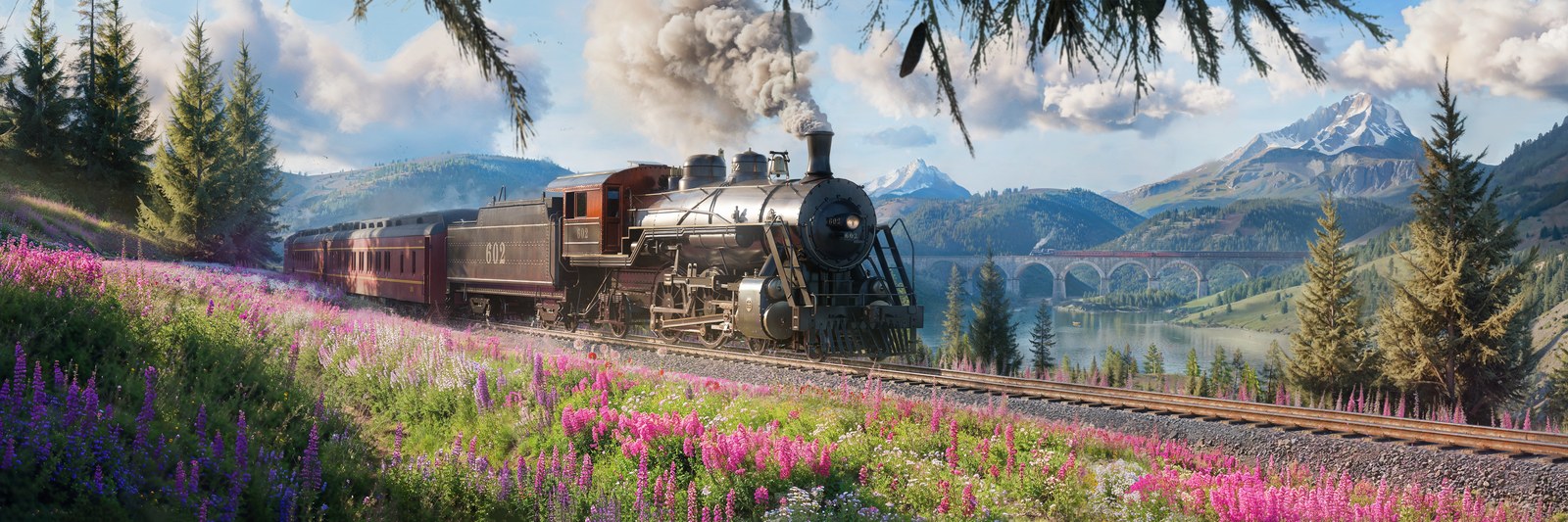 A steam locomotive numbered 602 pulling red carriages through a meadow of pink and purple flowers, with pine trees, a stone viaduct over a lake and snow-capped mountains behind