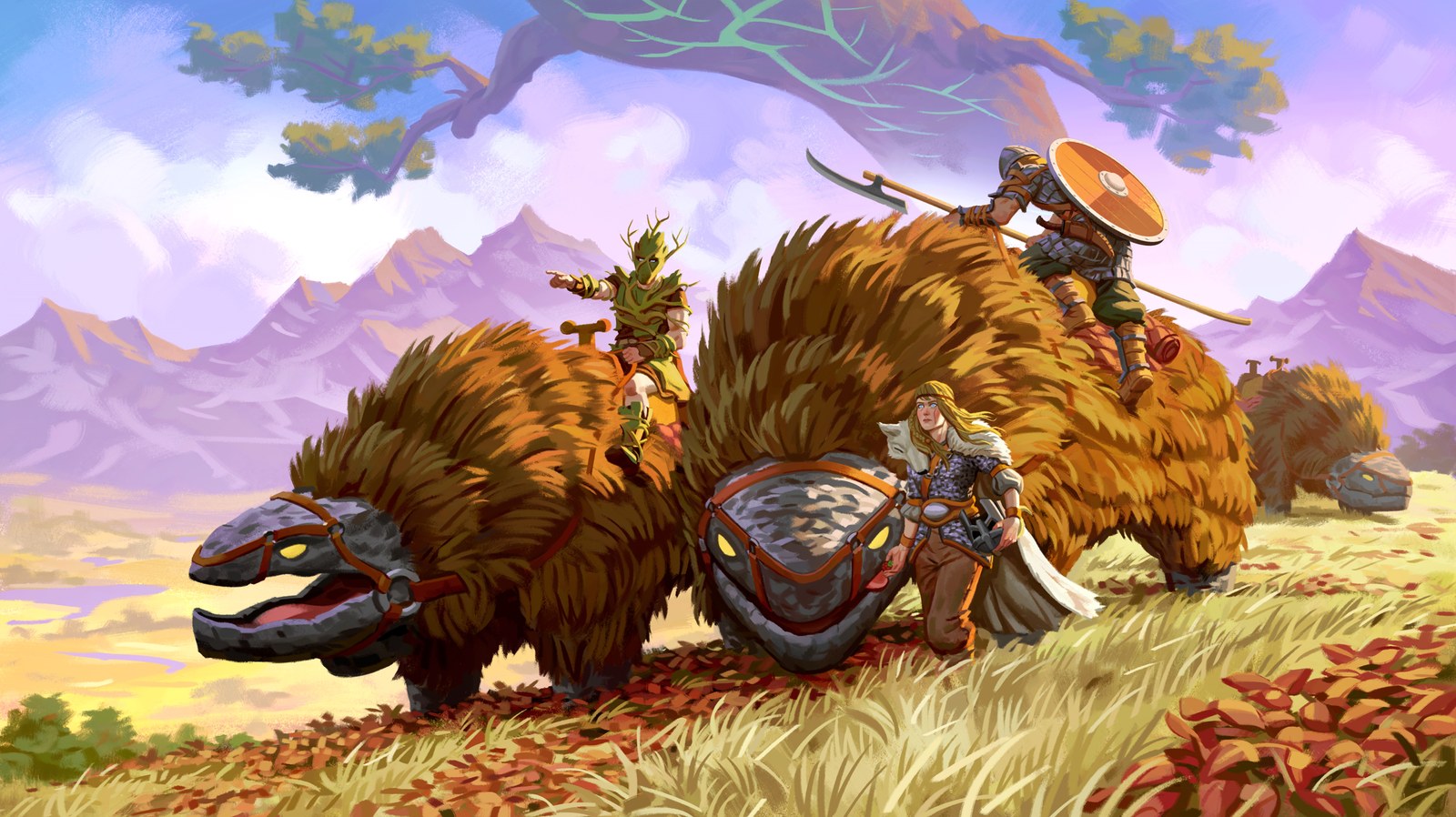 Valheim key art: two viking characters with a third on foot beside two enormous shaggy brown beasts with grey armoured heads and yellow eyes, harnessed and grazing on a windswept golden plain, with purple-brown mountains behind and the pale branches of a vast tree crossing the sky